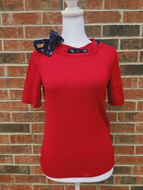 Talbots Petite SP Red Nautical Anchor Print Scarf Neck Short Sleeve Knit Top